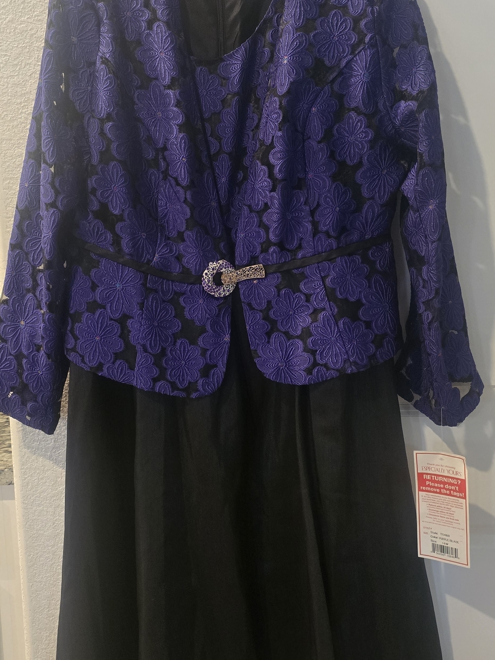 Purple Floral Lace Jacket Dress Set with Decorative Belt
